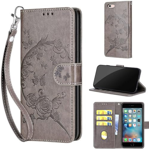 KENHONER Phone Case for iPhone 6/6s, Shockproof Protective Case with Card Slots, Kickstand, Magnetic Closure - Flower-Gray