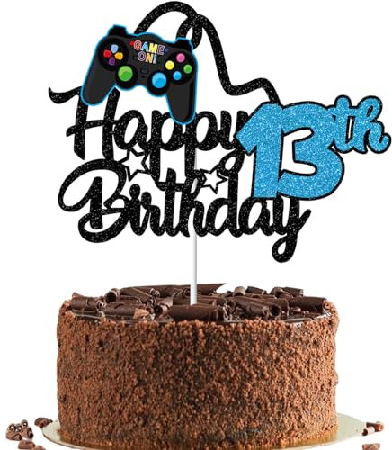 Gidobo Tortenaufsatz Happy 13th Birthday für Jungen, glitzernde Videospiel-Kuchenaufsätze, Spiel auf mit Controllern, für dreizehn Jahre alte Geburtstagsparty-Zubehör