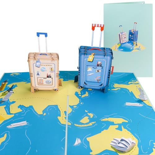 Sweetpopup® Pop Up Karte Reisen | 3D Geburtstagskarte Weltreisen | Geschenkkarte Urlaub Abschied | Reisegutschein Flugreise | Geldgeschenk Hochzeitsreise | Klappkarte Reisekoffer 021