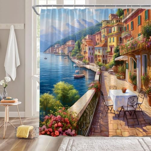 YNFUQANLN Italienischer Duschvorhang, Vintage, italienische Küste, Stadt, Straße, Berge, mediterrane Landschaft, Stoff, Badezimmer-Dekor, Vorhang mit Haken