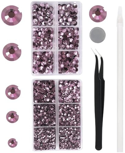 YHMQ DU 6616 Stück hellviolette Hotfix-Strasssteine, Kristallglas-Diamanten für Trinkgläser, Kleidung, Hemden, Bling, flache Rückseite, rund, mit Pinzette und Picking-Stift (Set SS6–SS30)