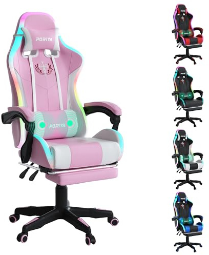 PORIYA Gaming Chair with Adjustable Backrest, Ergonomic Executive Office Chair, Height Adjustable Racing Chair 2-Point Massage Reclining Computer Chair Capacity Weight 150 kg (Pink Massage&LED)