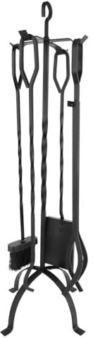 Nouetele Lot de 5 outils de cheminée en fer forgé avec pince tisonnier, balai, pelle et support (noir)