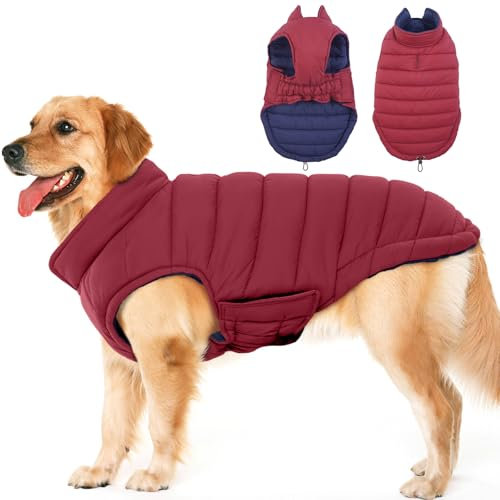 Lelepet Hundemantel Winter Jacke für Große Hunde, Wasserdicht Warmer Hunde Winterjacke, Wendbarer Winddicht Hundejacke mit Klettverschluss, Rot 2XL