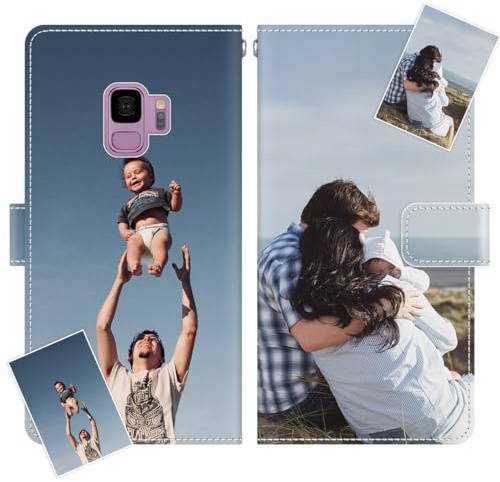 JGOYGYI Personalisierte Leder Handyhülle kompatibel mit Samsung Galaxy S9,Individuelle Eigenem Foto Bild Text Bildern Foldable Flip Klapphüllen Case hülle+Handykette