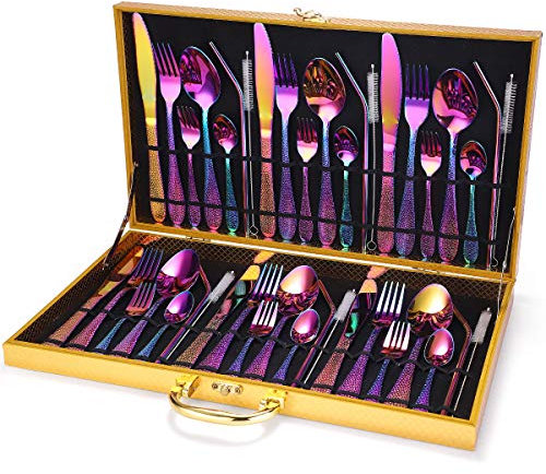 CVNIMV Besteckset, 42-teiliges Besteckset aus Edelstahl für Zuhause und Hotel, Messer, Gabel, Löffel, Strohbox als Geschenk