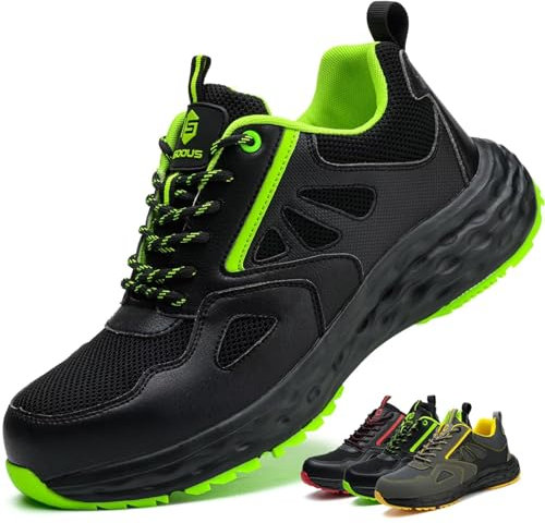 ISOOUS Arbeitsschuhe Herren Sicherheitsschuhe Damen Leicht Kunststoffkappe Atmungsaktiv rutschfest Sneaker Küche Sportlich Schwarz Grün EU 44