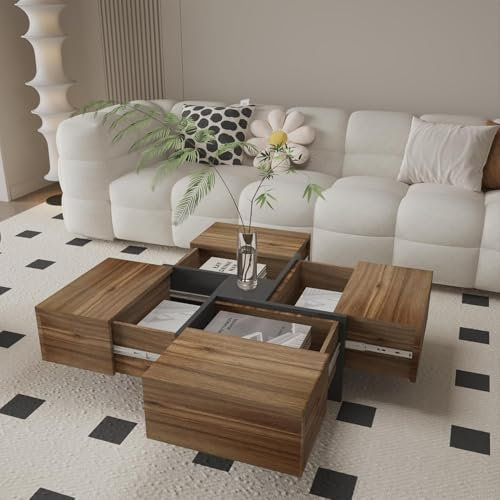 BERA DESIGN Square Coffee Table with Storage Drawers, Natural Walnut Coffee Tables Living Room, Smart Square Coffee Table with 4 Drawers, Save Space Coffee Tables - 80x80x35 cm