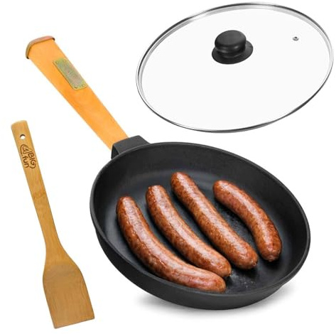4BIG.fun Ø20cm Pfanne aus Gusseisen mit Holzgriff Glasdeckel abschraubbar 40mm hoch Gusseisenpfanne Bratpfanne Steakpfannen Cast Iron Pan Feuerpfanne alle Herdarten Induktion Pfannenwender