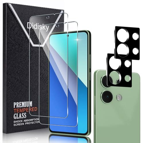 Didisky Protector de pantalla para Xiaomi Redmi Note 13 4G de 6.6 pulgadas, paquete de 2 protectores de pantalla de vidrio templado con 2 protectores de lente de cámara, 9H, fácil de instalar