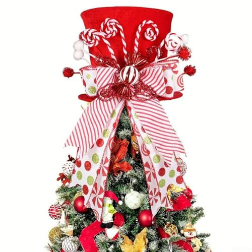 Eawfgtuw Foldable Christmas Tree Topper Hat with Candy Cane Bow Ribbon Decoration Washable Cloth Festive Ornament for Holiday Home Decor Red White Green Reusable Centerpiece