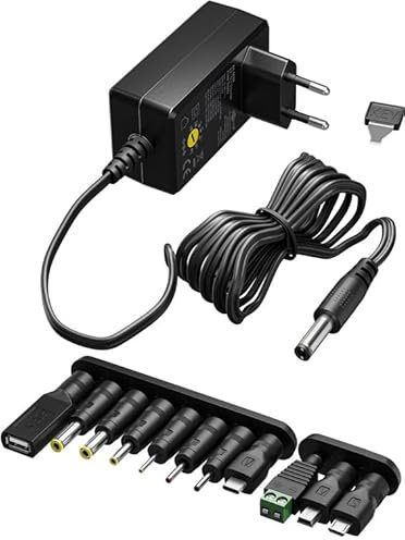 goobay Universal-Netzteil 5 V - 15 V, max. 36 W/DC Wechseladapter/Ersatznetzteil für TV, PC, Router, LED Streifen/Variable Spannung/USB C, USB A, Micro USB/inkl. 11 Adapter/Schwarz / 74436