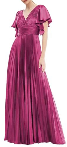 Vestido de dama de honor plisado de satén con mangas con volantes, vestido largo de invitada de boda, cuello en V, vestido formal de noche, fucsia, 40