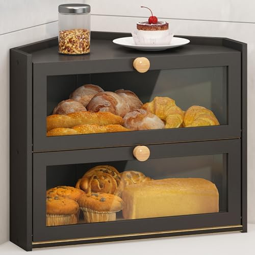 JANSNIMEN Black Corner Bread Box for Kitchen Countertop, Large Bread Container Storage Bamboo Wooden Farmhouse Bread Box with Window Bread Holder
