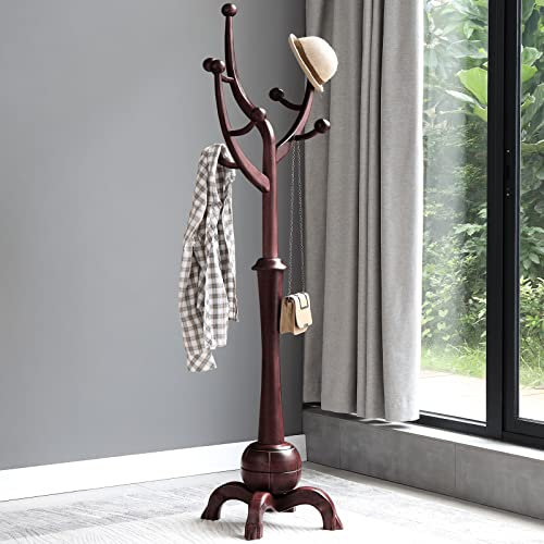 Bekrvio Porte-manteaux en bois massif avec 8 crochets, design arbre, base sphérique solide, 75 kg de charge, couloir, entrée, chambre
