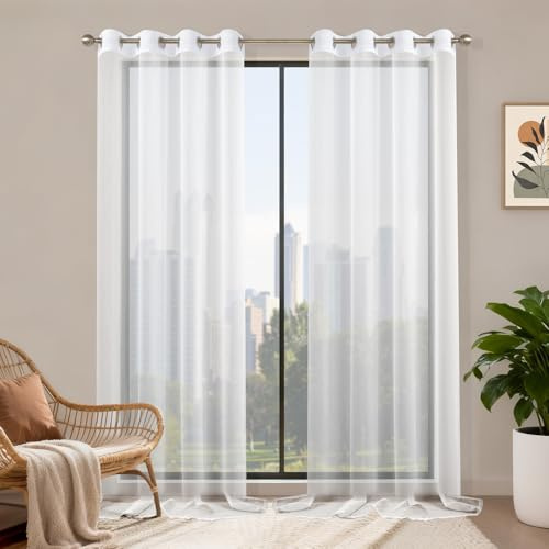 Runyéla Voile Gardinen mit Ösen 2er Set, H 245 x B 140 Stores Gardinen Weiß Transparent, Vorhänge Durchsichtig Weiss, Ösenvorhang Schlaufenschal für Schlafzimmer Wohnzimmer Küche Sheer Curtains