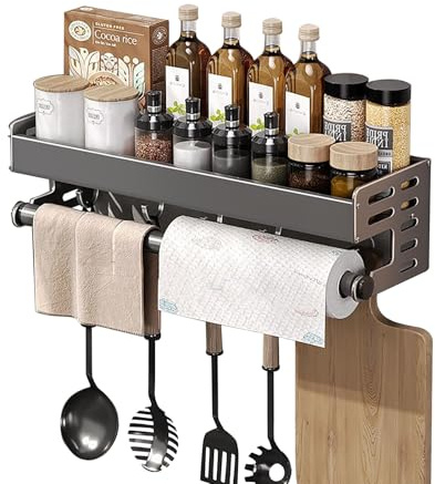 RETSAMV Gewürzregal Wand Aluminium 13.5cm Breite Spice Rack 30/40/50cm Küchen Wandregal ohne Bohren mit 5 Haken und Handtuchstange zur Aufbewahrung (40cm)