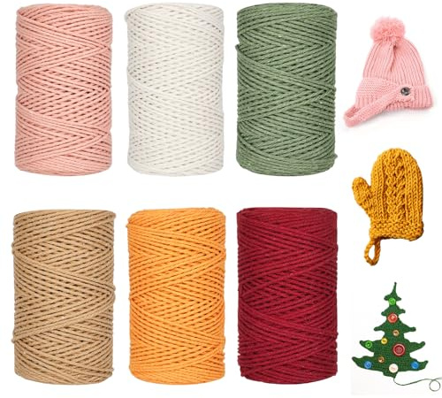 RUCUDIM Juego de 6 Hilos de Hilo Macrame, 1 mm x 100 m, Cuerda de Macramé, Macramé, Hilo de Algodón Natural para Navidad, Manualidades, Punto Bohemio, Manualidades, Plantas Colgantes