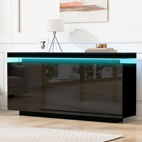 Kebnor Sideboard Schrank Modern Wohnzimmer Beistellschrank Standschrank Kommode Highboard Anrichte Möbel 2 Türen 3 Schubladen Hochglanz Sideboard mit LED Licht Grifflose 140x35x72.5cm - Schwarz