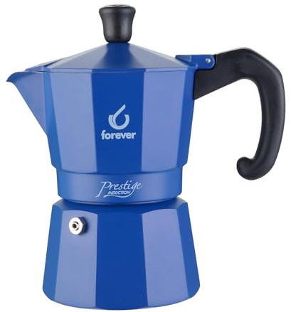 FOREVER Caffettiera Moka per Induzione, Miss Moka Prestige 'Induction UNICA', Caffettiera Moka per Casa, Caffettiera Portatile per Viaggio, (3 Tazze) (Deja Vu Blue)