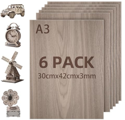6 Pezzi di Compensato A4,3mm Noce compensato,Pannelli Legno 300mm×420mm,Pannelli di Legno per Artigianato, Pirografia, Modellismo, Taglio Laser, Decorazione, Pittura