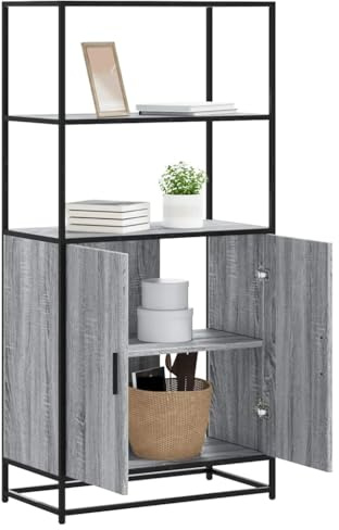Foknhdi Highboard Grau Sonoma mit Metallgestell, 68x35x139 cm, Holzwerkstoff-Korpus, modernes Sideboard Küche Wohnzimmer Flur, kompakter Stauraum für kleine Räume, robust und pflegeleicht