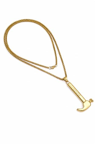 GOLD TROVE Thor Hammer Necklace with 28.5 Inch Chain for Men Women, Stainless Steel Viking Mjolnir Pendant, Norse Mythology Strength Protection Jewellery (Gold Tone)