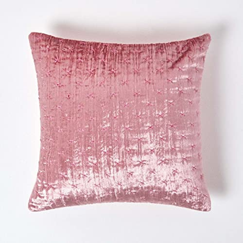 HOMESCAPES Blush Pink 40 x 40 cm Crushed Velvet Cushion Cover with Embroidered Design Super Soft Dusky Pink Luxury Decorative Square Scatter Cushion Throw Pillow for Sofa or Bed with Zip Closure