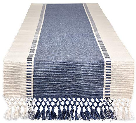 DII Dobby Stripe gewebter Tischläufer, 33 x 274 cm, Fransen inklusive, französisches Blau