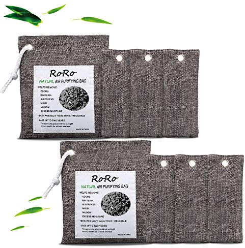 RONGRONG 8 Pack Natural Bamboo Activated Charcoal Air Purifying Bags, Shoe Deodorizer and Odor Absorber for Closets, Wardrobe and Drawers, Car Freshener Bags (200g*2+75g*6)