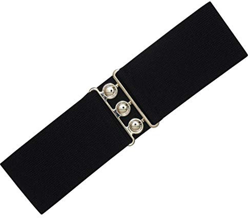 Ro Rox Damen Breiter Elastischer Taillengürtel im Retro Vintage Stil – Stretchgürtel für Kleider, 50er Jahre – Silberne oder Goldene Schnalle - DE 32-36 - Schwarz (Small)
