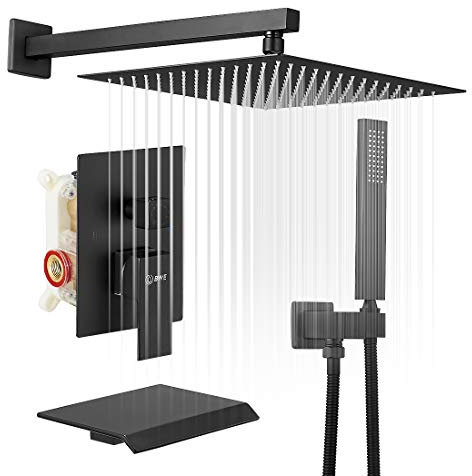 BWE Système de douche noir complet avec robinet de douche à bec cascade Robinet de douche carré de luxe Mitigeur de pluie Équilibrage de pression 3 fonctions Fixation murale Corps et garniture inclus