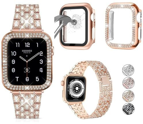 JOHIPI 3 Stück, kompatibel mit Apple Watch Armband 38 mm, 40 mm, 42 mm, 44 mm, mit Etui, Damen-Schmuck-Metallarmband mit Diamant-Hülle und Glas-Displayschutzhülle für iWatch Serie SE 6, 5, 4, 3, 2, 1