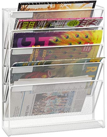 Relaxdays Zeitschriftenhalter Wand, A4-Querformat, 5 Fächer, Metall, Dokumentenablage HxBxT 40,5 x 32,5 x 10,5 cm, weiß