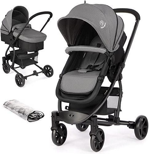 Hadwin Pram 2-in-1 Travel System, Foldable Baby Pushchair with Rain Cover, Reclinable Reversible Pushchair Seat and Carrycot from Birth, Buggy with Lying Function for Newborn to Toddler-Black & Grey