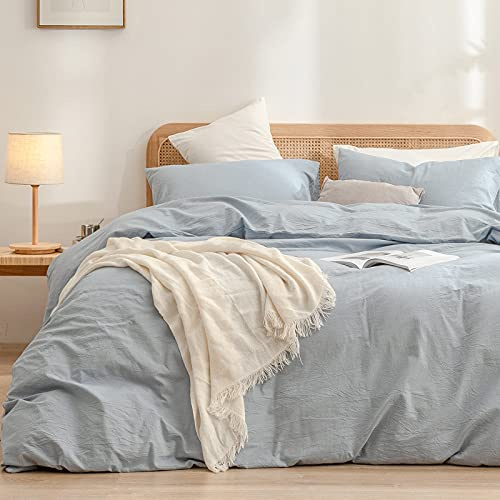 BESTOUCH Cotton Solid Duvet Cover Set Linen Feel Cornflower Blue King