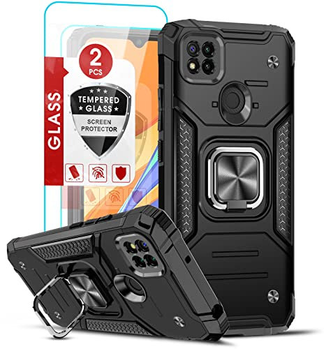 LeYi Hülle für Xiaomi Redmi 9C/Xiaomi Redmi 9C NFC Handyhülle und Panzerfolie (2er), 360 Grad Ring Halter Militär Standard Rüstung Handy Hüllen Silikon Schutzhülle Bumper Cover Case Schwarz