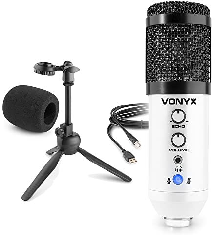 VONYX CM320W USB Studio Condenser Microphone with Echo Effect, Built-in Sound Card, Headphone Jack, Mute Function, Tripod Stand – Podcasting, Gaming & Streaming Mic, White