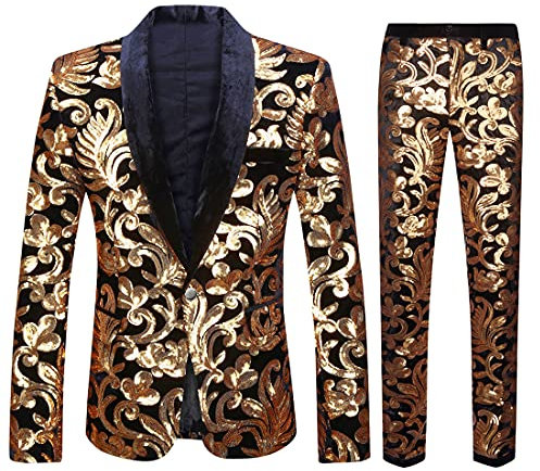 CARFFIV Herren Modische Blumenmuster Pailletten Zweiteiler Set Anzüge (3XL, Black)