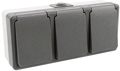 McPower Enchufe triple para ambientes húmedos, gris, 250 V ~/16 A, IP44, montaje en superficie, a prueba de salpicaduras