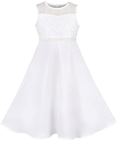 Sunny Fashion Mädchen Kleid Formal Weiß Chiffon Spitze Pailletten Taufe Hochzeit Brautjungfer Kommunionkleid Gr. 146
