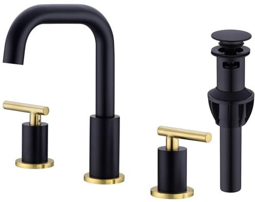TRUSTMI Messing Badezimmer Wasserhahn 2 Griff 20,3 cm breit verbreitete Waschtischarmatur mit Überlauf Pop Up Ablauf Montage matt schwarz und gebürstet gold, BF1258-2L