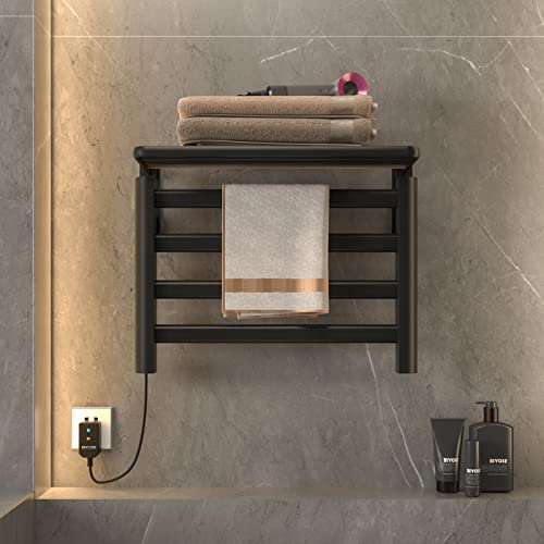 Electric Towel Radiator, 550x400mm, Electric Bathroom Heated Towel Rail Dryer, Intelligent Constant Temperature Towel Heater, with Shelf, Carbon Fiber Heating, Constant Temperature 55°-Black Left