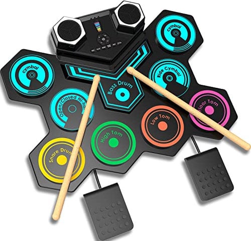 CNAPXAIA Batteria Elettronica Portatile - 9 Pad Batteria Elettrica Arrotolabile Bluetooth con Doppio Altoparlanti Incorporato, Colorato Batteria Strumenti Musicali Regalo per Bambini/Adulti