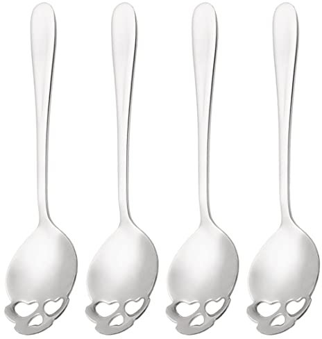 AXIAOLU 4 Totenkopf-Löffel, 18/10 Edelstahl, Zucker-Totenkopf-Teelöffel, Kaffee- und Tee-Rührlöffel-Set, silberfarben, 4 Stück