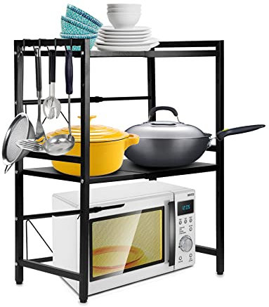 QWORK® 2 Stufiges Mikrowellen Regal Ausziehbar, mikrowellen Regal, Mikrowellenständer, mit 4 Haken, Schwarz