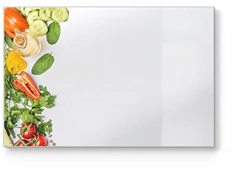DEQORI Schneidebrett aus Glas | groß 30x20 cm | Motiv Banner gerahmt mit Gemüse | Design Schneideplatte für Küche | Frühstücksbrett antibakteriell & rutschfest | Glasplatte & Servierplatte
