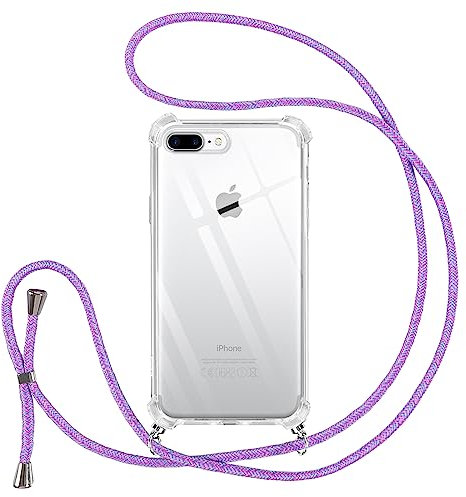 Vauki handyband für iPhone 8 Plus/iPhone 7 Plus Hülle mit Band, Durchsichtig Transparent Silikon Handyhülle mit Kette Kordel zum Umhängen, TPU Bumper Case für iPhone 8 Plus, Lila 01