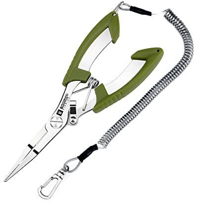 Booms Fishing H01 Fishing Pliers Stainless Steel Scissors Multi-Functional Tool with Lanyard, Green