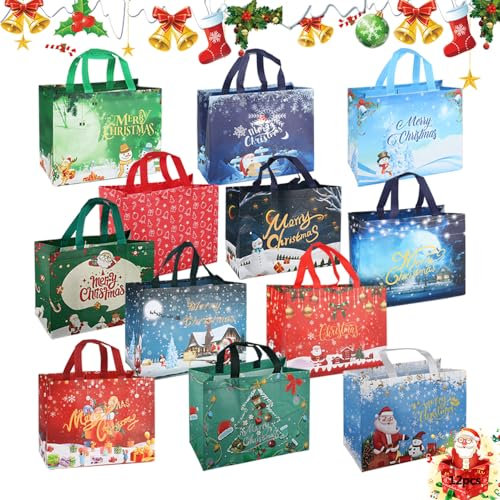 Geschenktüten weihnachten Groß,12 Stück Weihnachts Geschenktüten Wiederverwendbare,31.5cm×25cm×17cm Weihnachtstüten Geschenktaschen mit Griffen,Non Woven Weihnachtstaschen,Gift Bags